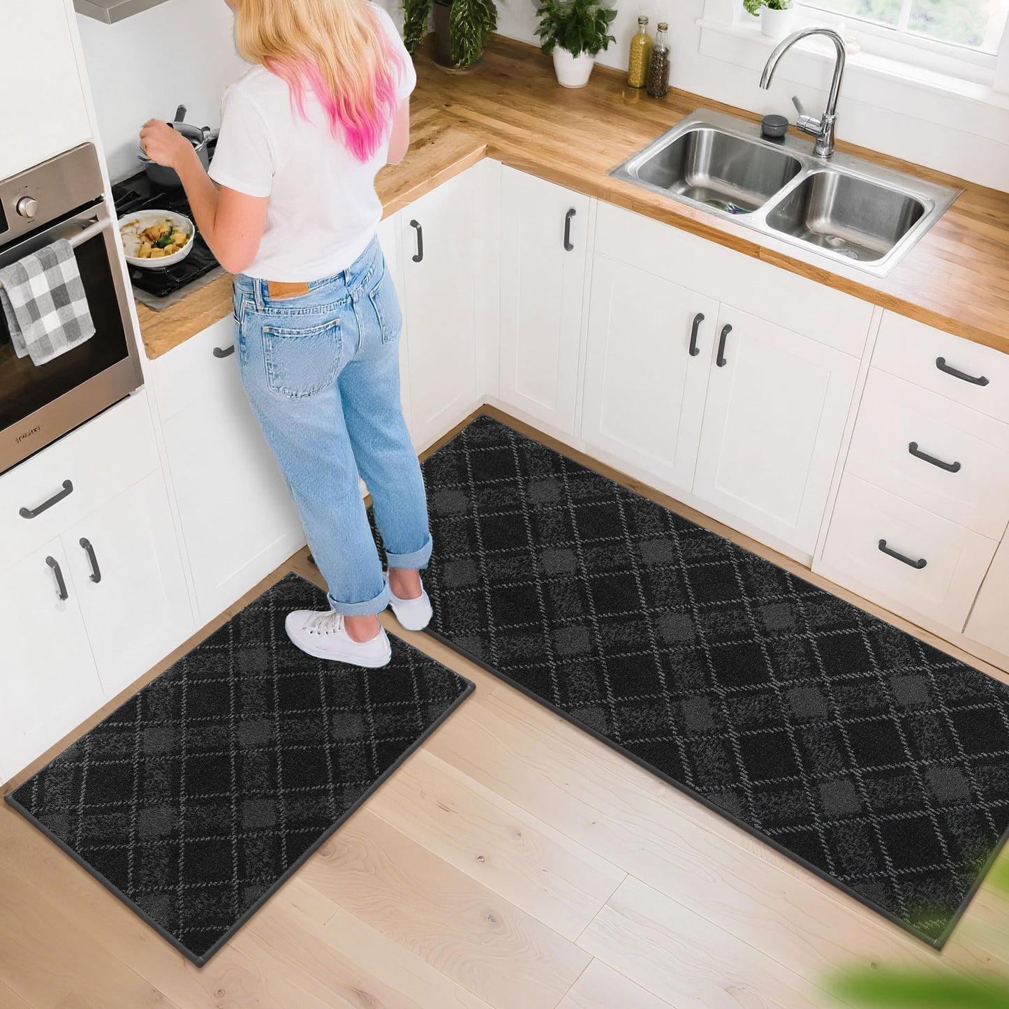 COSY HOMEER Kitchen Rugs and Mats Sets 2PCS Non-Slip Soft Kitchen Mats for Floor Absorbent and Stain Resistant Kitchen Floor Mat Washable Plaid Rugs for Kitchen,20"x32"+20"x48",Dark Grey