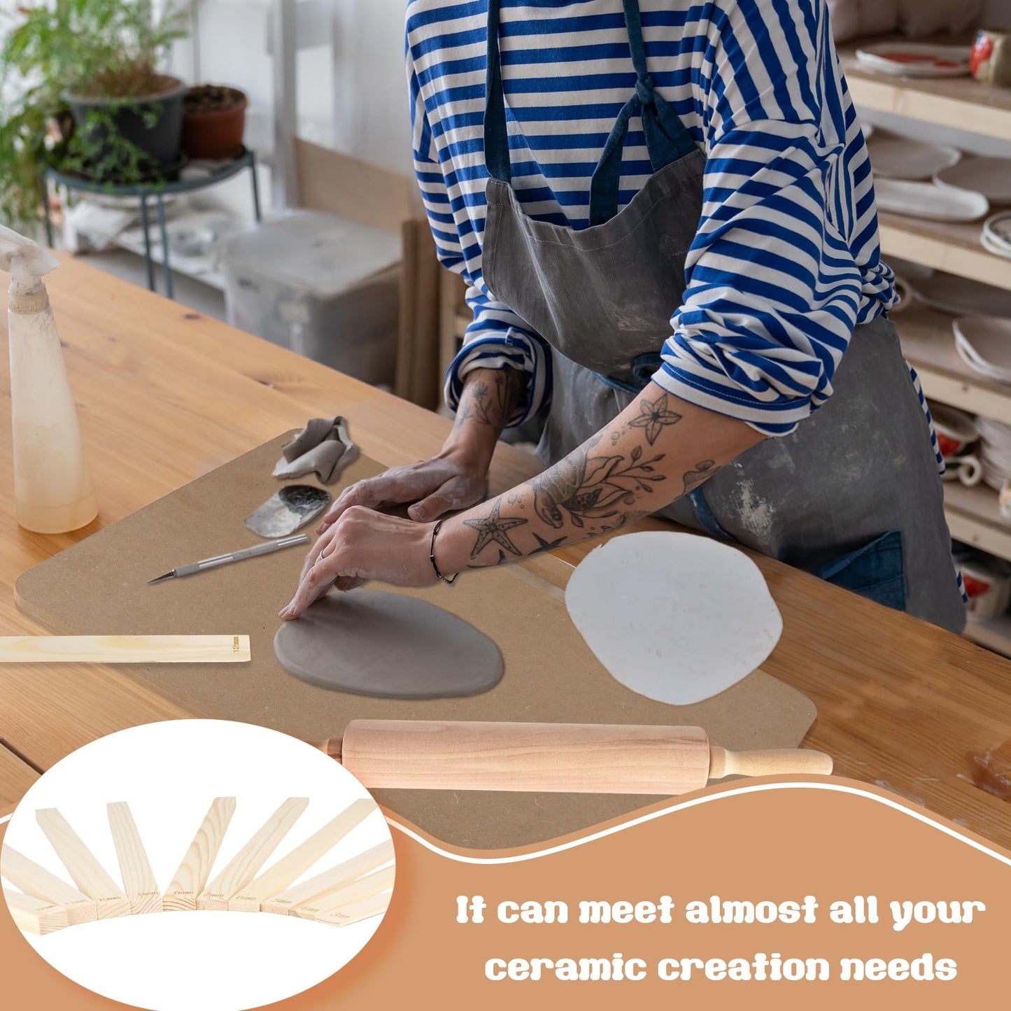 23 Pcs Pottery Tool Kit with Clay Rolling Pin 10 Size Thickness Guides Linen Tablecloth Wooden Pottery Board for Ceramic Clay Making