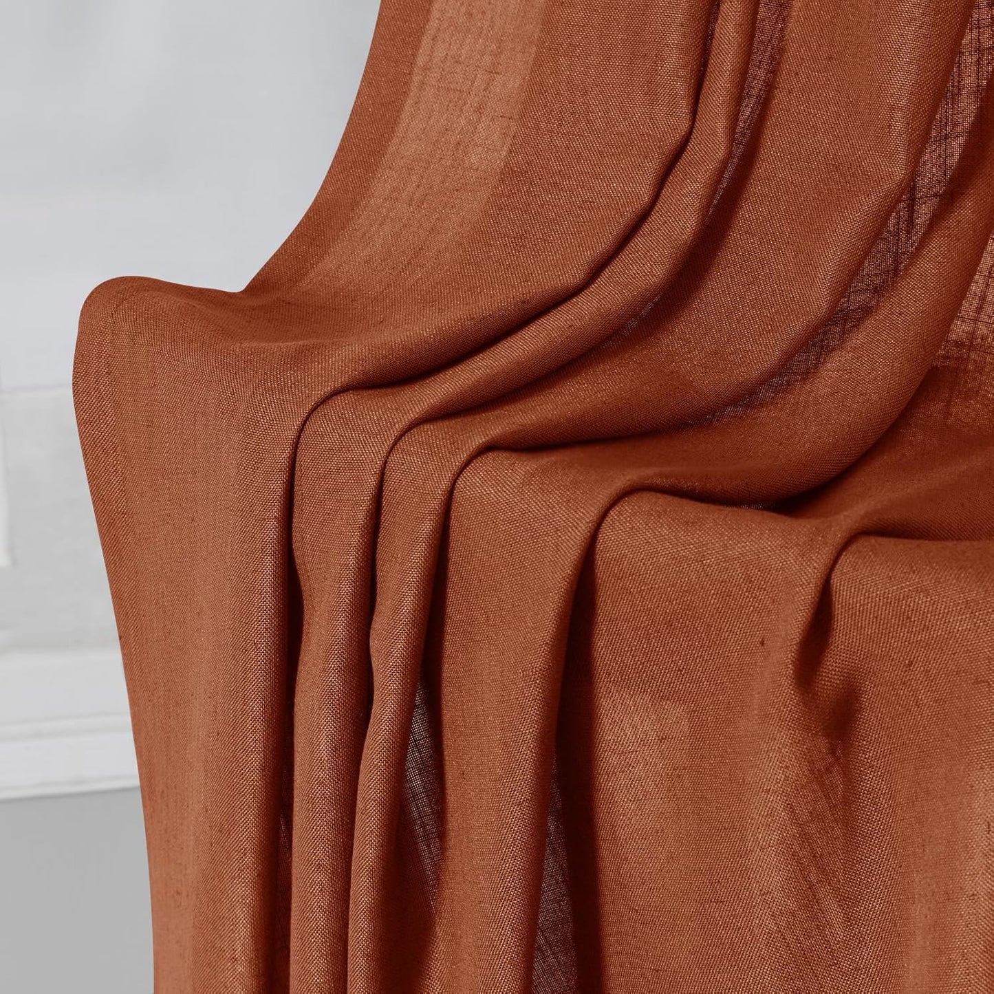 Terracotta Linen Curtains 90 Inch Length, 2 Panels Boho Farmhouse Drapes, Light Filtering Rust Orange Red Semi Sheer