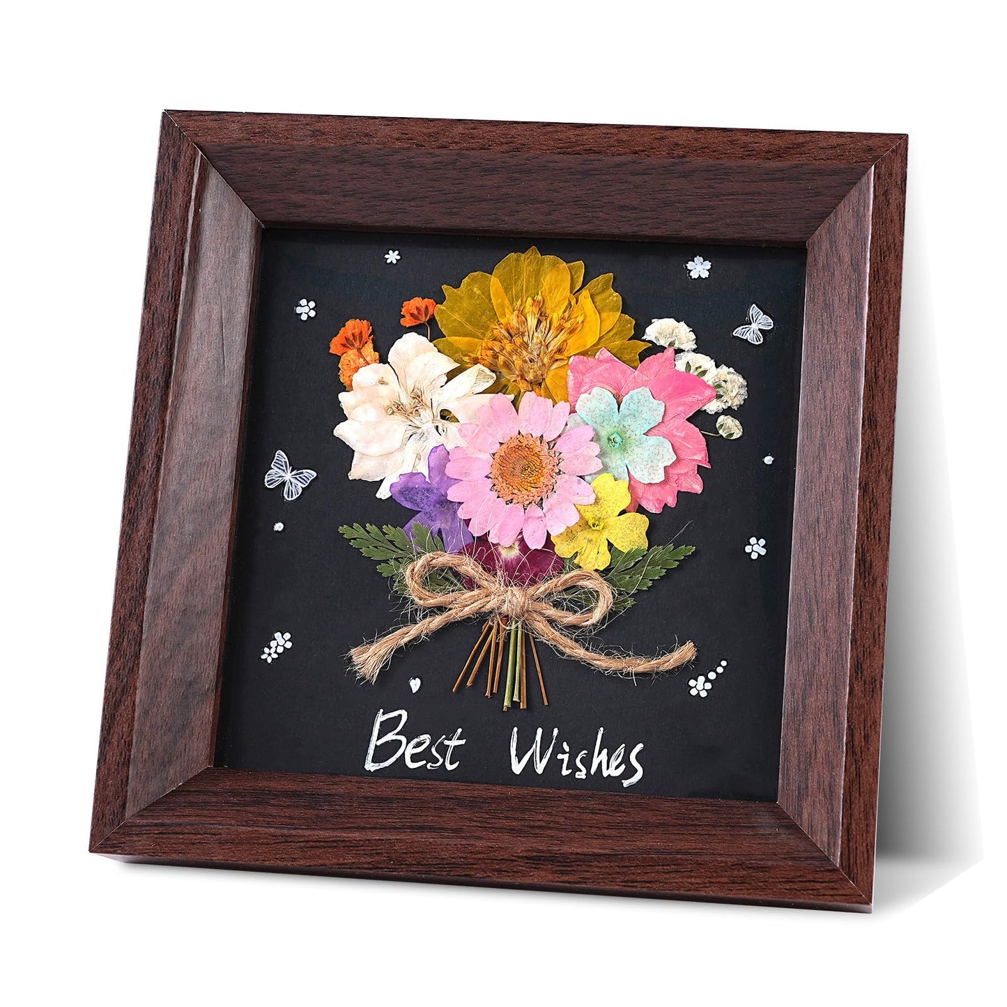 5x5'' Natural Flower Bouquet Frame - Handmade Pressed Flower Art Frame, Home Decor Walnut Wood Shadow Box Gift for Tabletop & Wall Art Decor, Dried Floral Artwork Gift for Anniversary, Valentine's Day