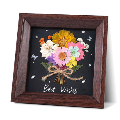 5x5'' Natural Flower Bouquet Frame - Handmade Pressed Flower Art Frame, Home Decor Walnut Wood Shadow Box Gift for Tabletop & Wall Art Decor, Dried Floral Artwork Gift for Anniversary, Valentine's Day