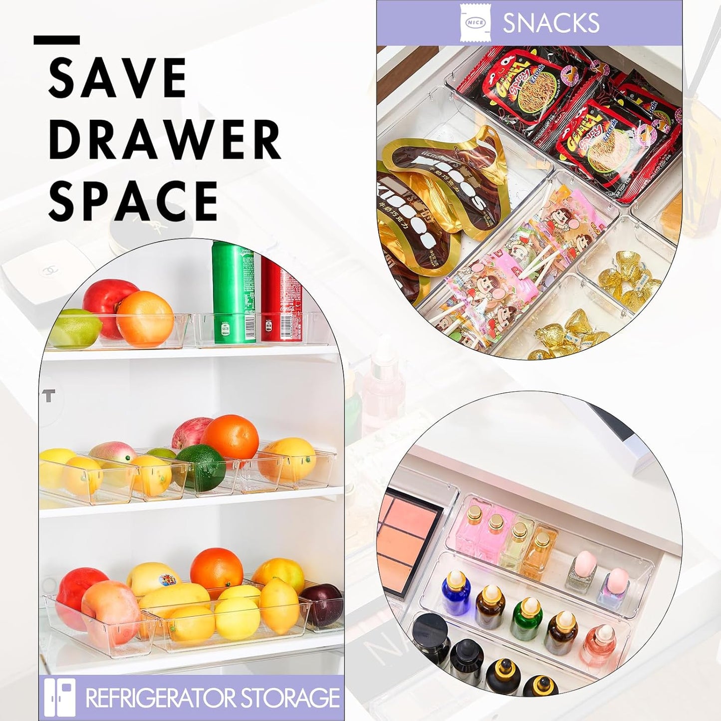 HOUSE DAY 8 PCS Desk Drawer Organizer Bins, 9*3*2" Clear Organizers with Silicone Pads for Makeup, Kitchen, Office