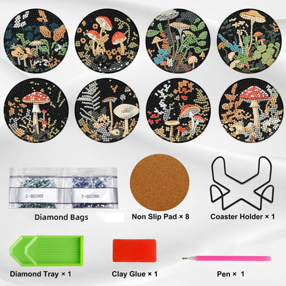 Ekuxom 8 Pcs Diamond Art Coasters Kit for Adults- Mushroom Forest Diamond Painting Coasters with Holder-DIY Crystal Full Drill Rhinestone for Crafts Gifts Adults Beginners