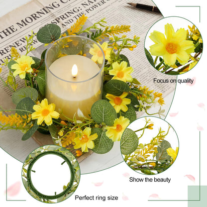 Yunlly 4 Pcs Artificial Daisy Candle Rings Wreaths, Yellow Flower Wreaths with Eucalyptus and Berry Greenery Garland with LED Flameless Candles for Spring Summer Easter Wedding Home Table Decor