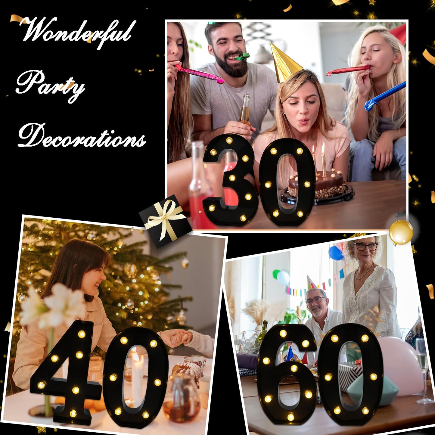 Led Light Up Numbers, 30th Birthday Decorations, Marquee Numbers Lights, Battery Powered Light Up Sign for 30 Decor Party (Black)