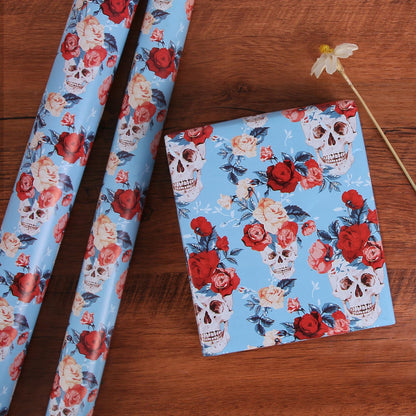 Aimyoo Blue Skull Floral Wrapping Paper Jumbo Roll 17 in x 60ft, Gothic Gift Wrap Paper for Halloween Wedding Bridal Shower