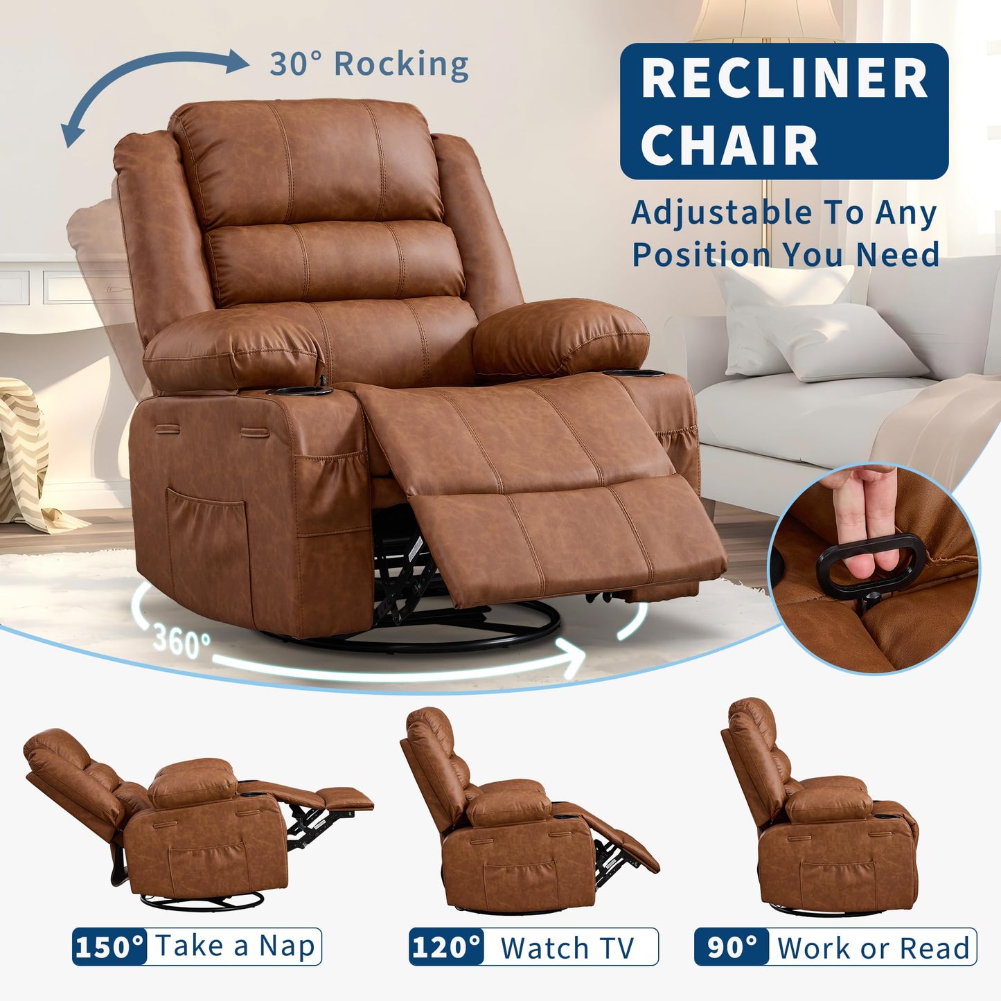 Rocker Recliner Chair for Adults Manual 360° Swivel Single Sofa Seat Glider Chair with 3 Positions 2 Side Pockets Cup Holders PU Fabric for Living Room Nursery Office