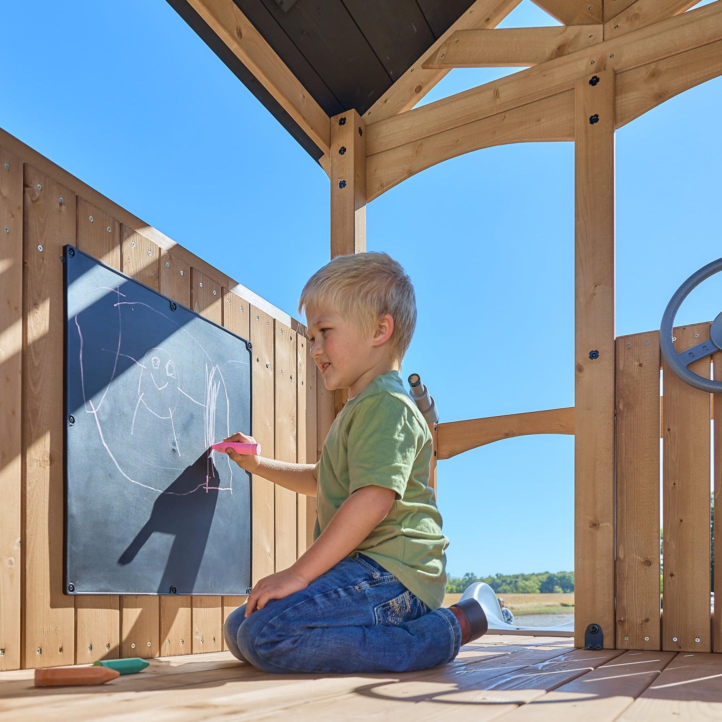 Backyard Discovery Dover Bay Spruce Wood Swing Set with Wave Slide, Clubhouse, Monkey Bars, Rock Wall, Belt Swings, Step Ladder, Toy Telescope, Chalkboard, Outdoor Playset