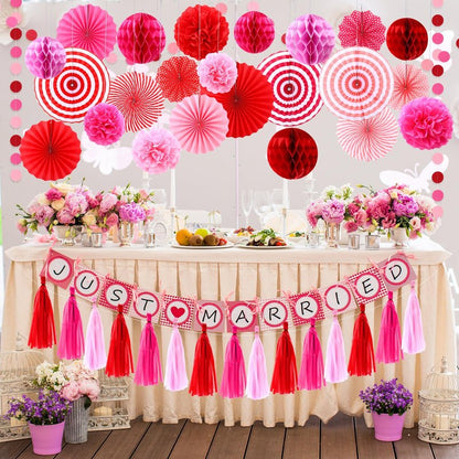 Epakh 50 Pcs Valentine's Day Decorations Paper Fans Valentine's Day Party Decoration Tassel Flowers Hanging Fans Garlands Red Pink Paper Poms Balls Streamer Decor for Wedding Birthday Bridal Shower