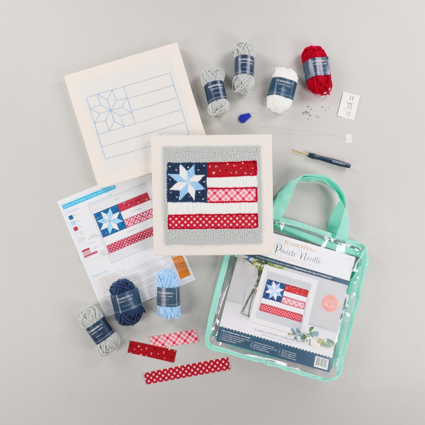 Kimberbell Stars & Stripes Forever Punch Needle Kit – Complete Patriotic Craft Set with Tool, Yarn, Hoop, Monks Cloth, Appliqués & Rhinestones – DIY Punch Needle Plus Kit with Video Tutorials