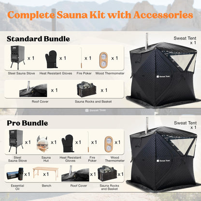 SweatTent Portable Outdoor Sauna (Large) Pro Bundle – Complete Kit with Stove, Cedar Bench, Essential Oil, Wool Hat, Accessories, Quick Assembly, High-Temperature, 6 Adults, Backyard & Camping