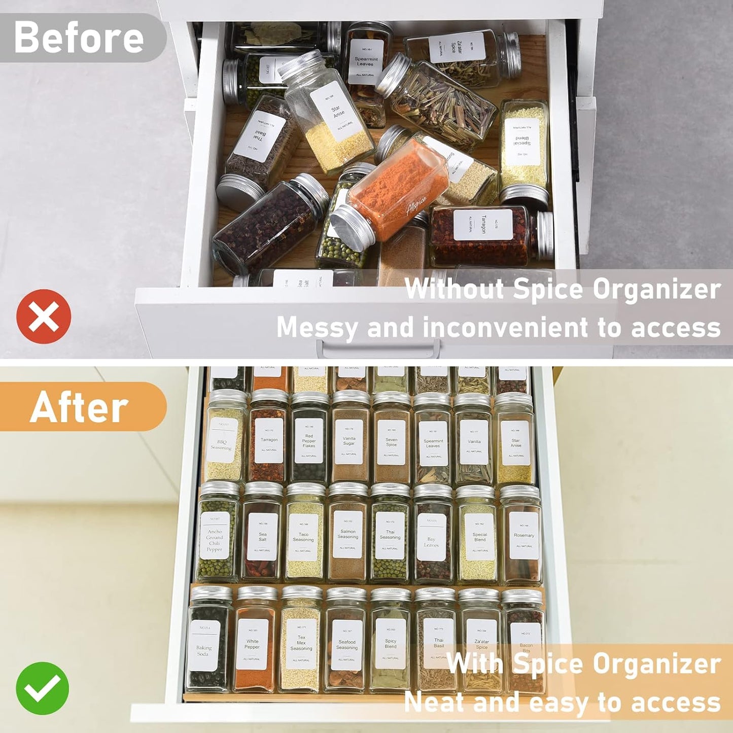 18 Jars,216 Labels,25 4 Drawers,Cabinets,Countertop,9" 15.8" Spice Drawer Organizer with Spice Non-slip Rubber, Bamboo