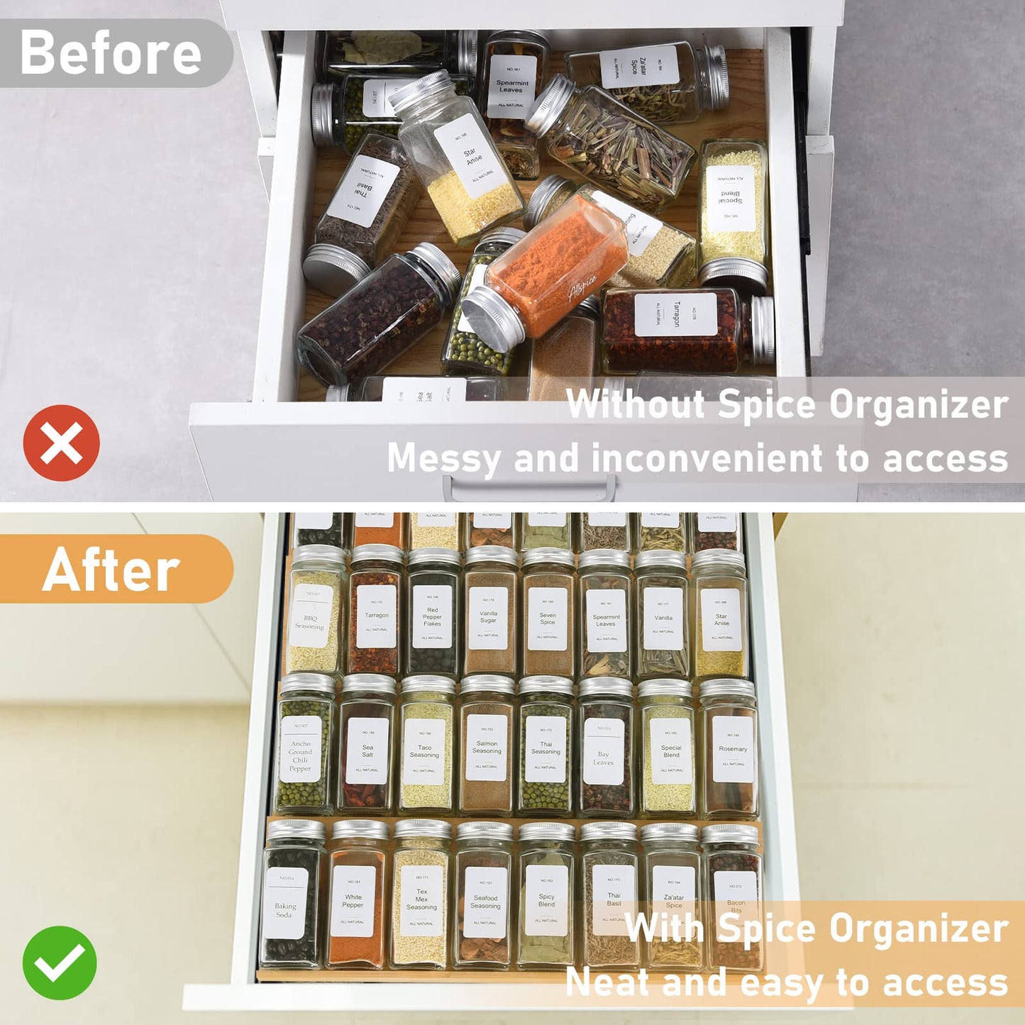 Spice Drawer Organizer with 24 Spice Jars and 216 Labels,Non-slip Rubber, Bamboo 4 Tier Spice Racks Tray Seasoning Containers for Kitchen Drawers,Cabinets,Countertops,13" Wide * 15.8" Deep