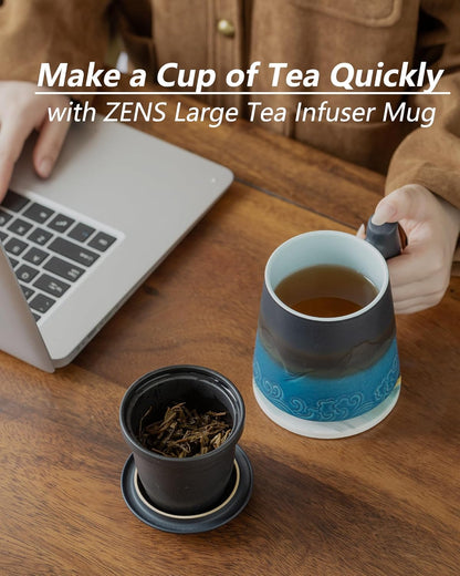 15.2 oz ZENS Tea Cup with Infuser and Lid for Loose Leaf Tea Steeper, Ceramic Tea Mug with Fine Tea Strainers