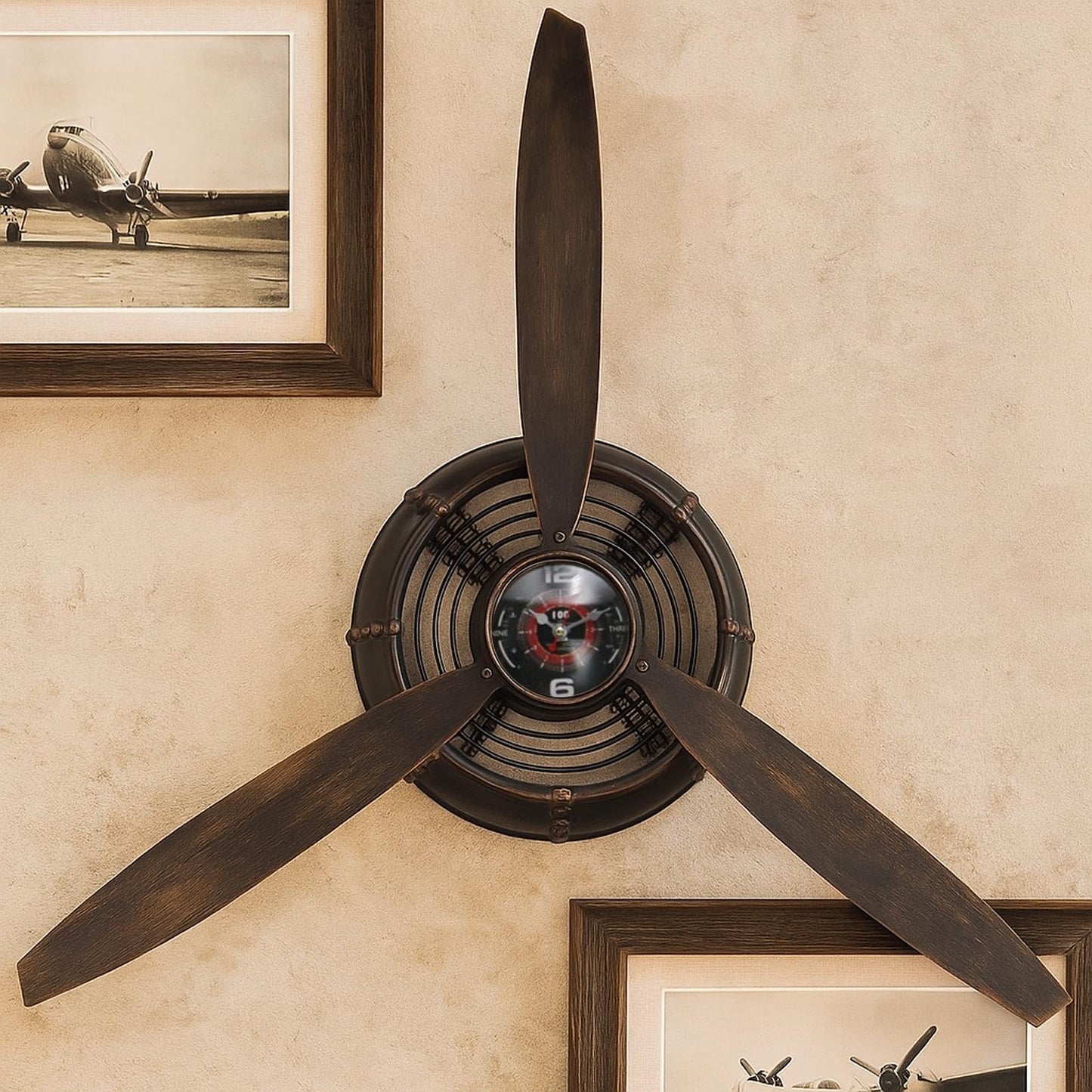 GLOWMIRTH Airplane Propeller Wall Decor,Aviation Decor,Pilot Gifts, Steampunk Clock,Man Cave Clock, Wall Art for Office Bedroom,Battery Operated,Brown