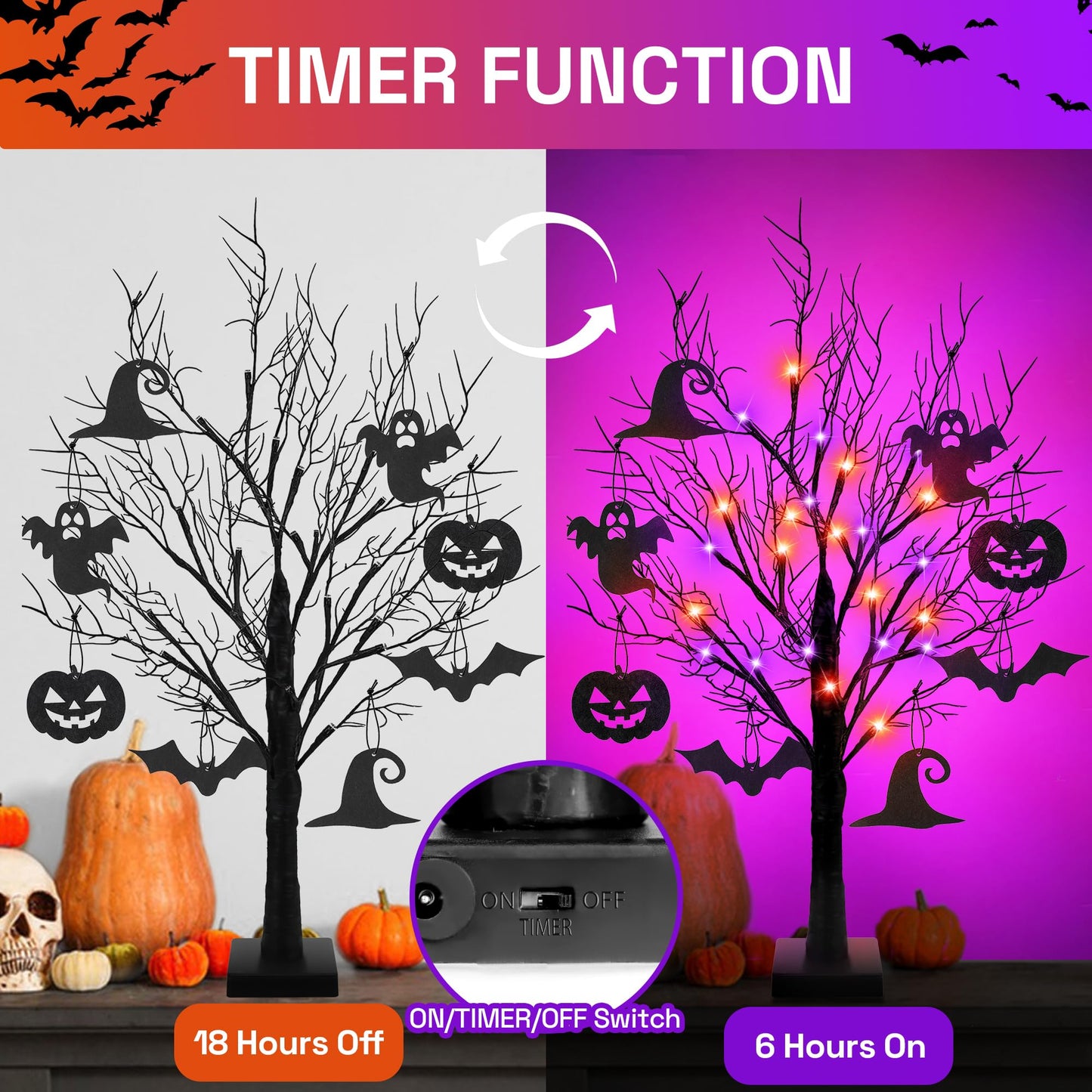 [Timer] 2 Pack 24 Inch Halloween Decorations Indoor, Black Halloween Tree with 24 LED Orange Purple Lights & 16 Pumpkin Bat Ghost Witch Hat, USB/Battery Operated Table Decorations Home Party