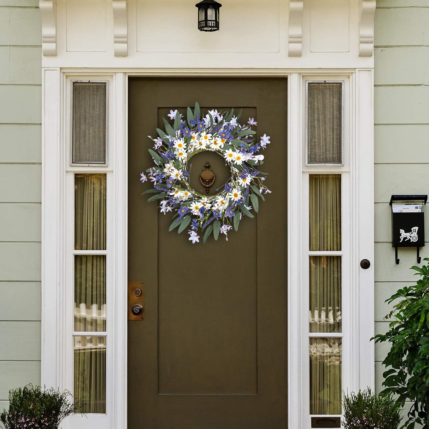 VioletEverGarden 20 Inch Spring Wreath for Front Door, Violet Blue and White Daisy Floral Decor