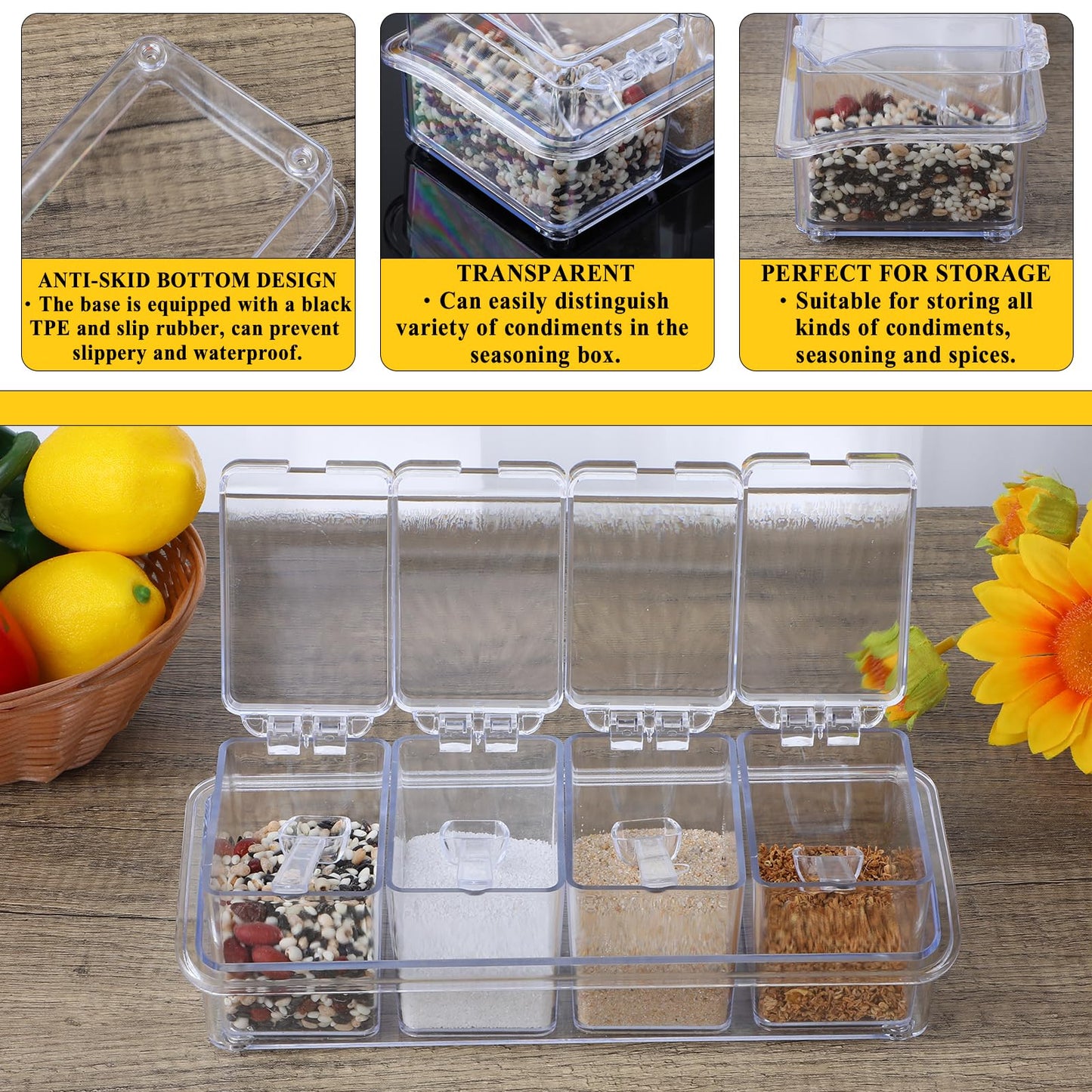 Tobeelec 4 Pcs Clear Seasoning Box with Spoon, 16 Pcs Kitchen Seasoning Spice Pots Acrylic Spice Storage Containers Condiment Jars Clear Spice Jars with Cover for Salt Candy Cruet Sugar