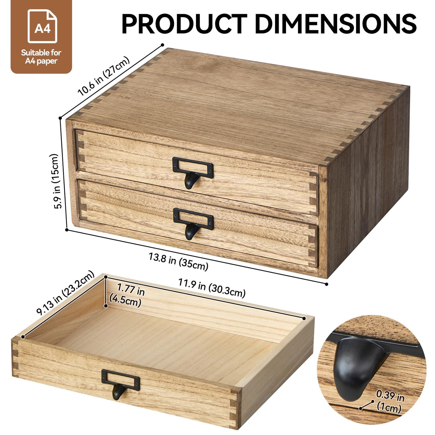 KIRIGEN Wooden Desk Organizer with 2 Drawers, Wood Desktop Storage Cabinet, Shallow Office Drawer Organizer for Printer Paper and Mail, No Assembly, 13.78 W x 10.6 D x 5.9 H In, FAX-DBR