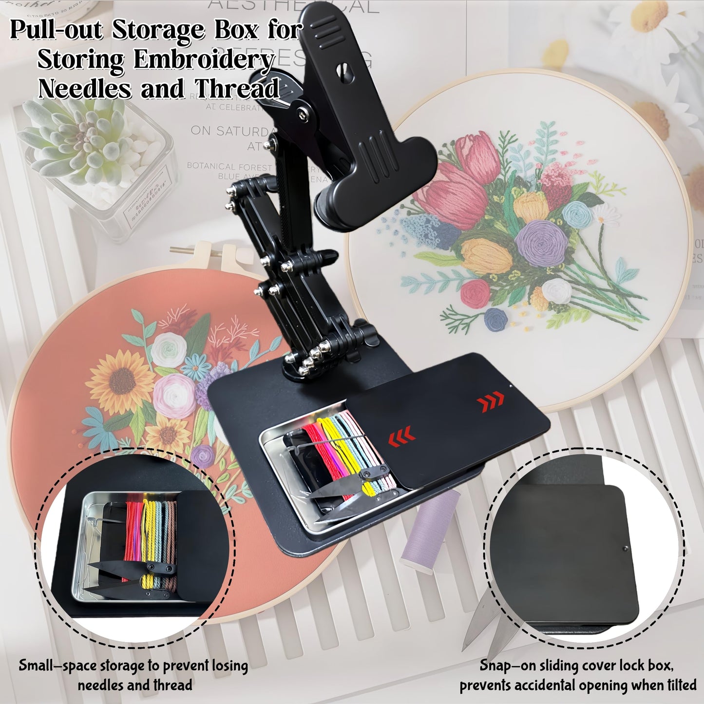 OWFCCLA Embroidery Hoop Holder Stand for Cross Stitch - Adjustable Lap & Table Stand with Weighted Metal Base & Storage Organizer - Hands Free Foldable Embroidery Stand for Floor, Sitting & Tabletop.