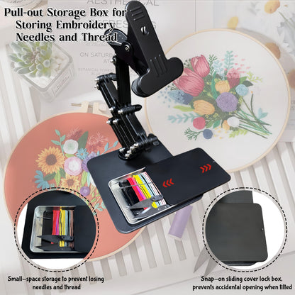 OWFCCLA Embroidery Hoop Holder Stand for Cross Stitch - Adjustable Lap & Table Stand with Weighted Metal Base & Storage Organizer - Hands Free Foldable Embroidery Stand for Floor, Sitting & Tabletop.