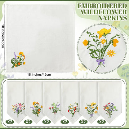 Tioncy 18 Pcs Floral Embroidery Napkins 18" Embroidery Flower Linen Cotton Napkin Bulk for Wedding Tea Cocktail Spring Flower Birthday Party Table Centerpiece Mexican Kitchen Curtain Decor (White)