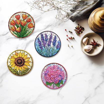 8 Pcs Flower Diamond Art Coasters Kit for Adults, Flowers Diamond Painting Coasters with Holder, 5D Gem Art DIY Crafts Diamond Dots for Gift Life