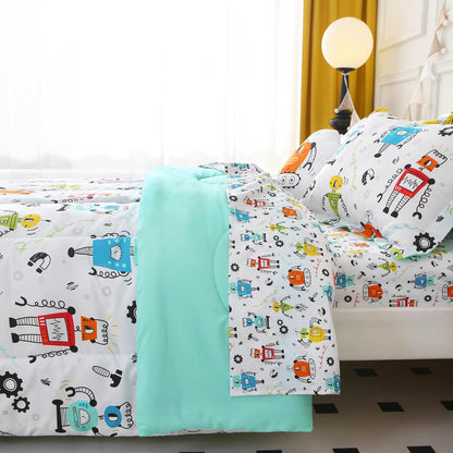 Sets 6 Set Set Mooreeke Twin Size Comforter for Boys Kids, Pieces Bed in a Bag White Robot Bedding Comforter Sheet