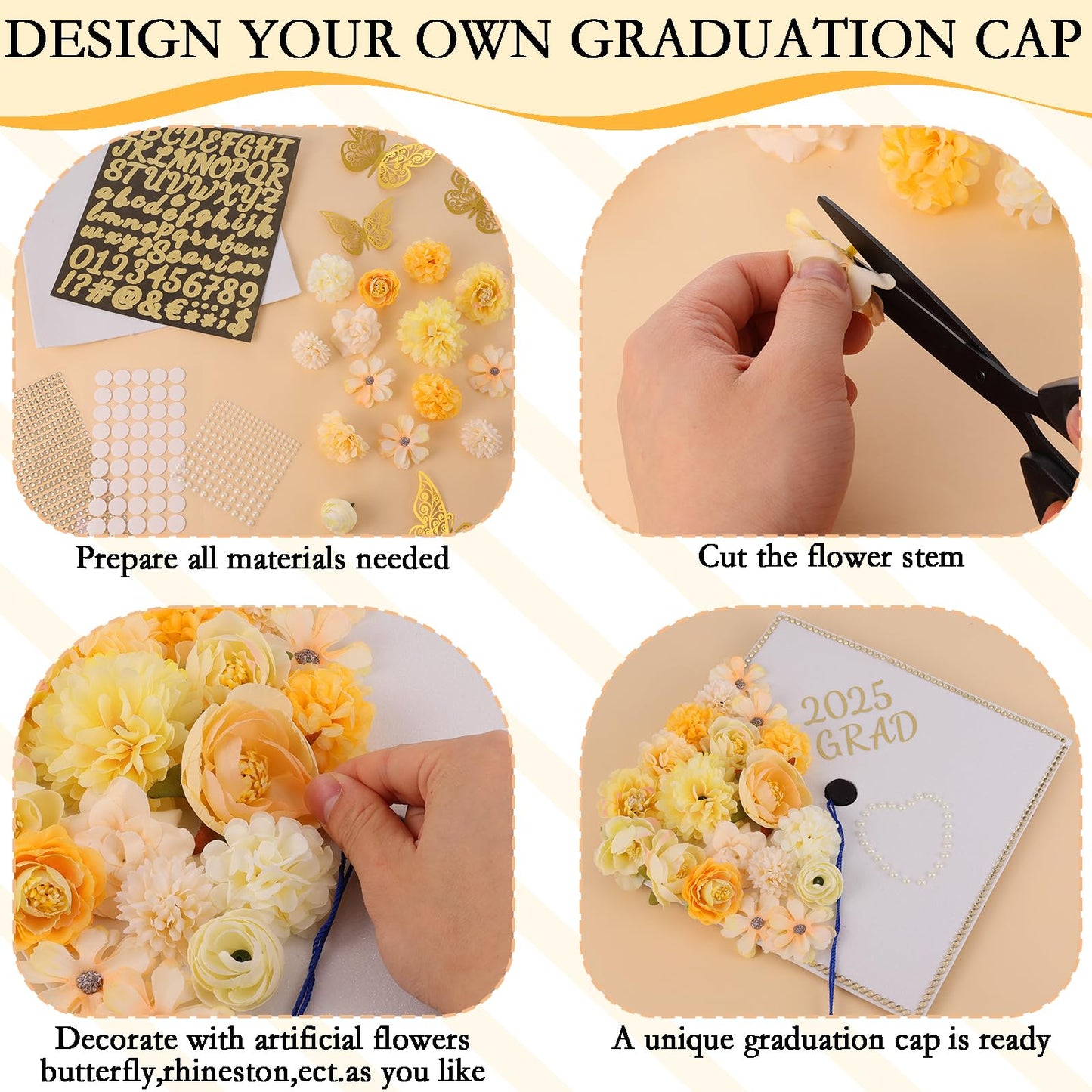 Ywdbzjhs 51 PCS DIY Graduation Grad Cap Decoration Kit - 12 Cream Construction Paper with Artificial Flower Heads 3D Butterfly Pearl Adhesive Dots Rhinestone Stickers for DIY Grad Hat Topper(White)