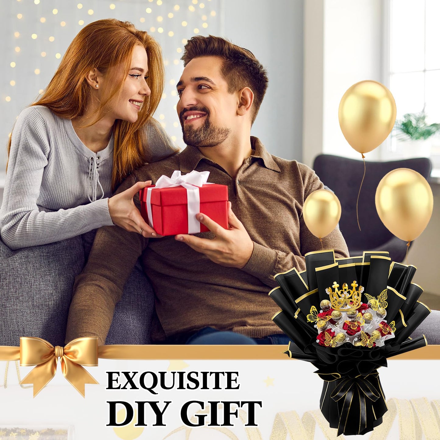Funnymoom 109 Graduation DIY Chocolate Flower Bouquet Kit 2026 Candy Rose Clear Acrylic Lollipop Ball Holder Floral Wrapping Paper 3D Gold Butterfly Crown Ribbon Grad Gift(Black and Gold)