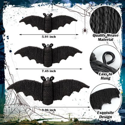 Beeveer 3 Pcs Woven Rattan Bat Wall Hanging Halloween Decor, 3D Scary Handcrafted Black Rope Bats, Rustic Natural Farmhouse Halloween Creepy Decorations for Home Fireplace Door, 9.06/7.48/5.91 Inch