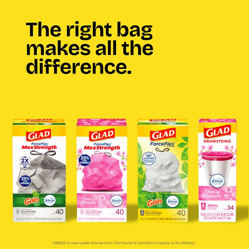 Glad ForceFlex Tall Kitchen Drawstring Trash Bags, 13 Gal, Fragrance Free, 80 Ct (Package May Vary)