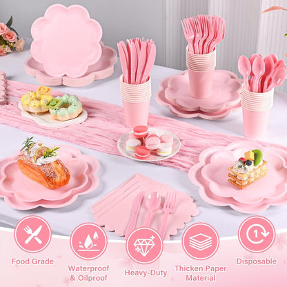 350 Pcs Pink Paper Plates and Napkins Set, Tableware Set for 50 Guests Include Disposable Pink Scalloped Plates, Napkins, Cups, Knives, Forks & Spoon for Baby Shower Mother's Day Wedding Birthday