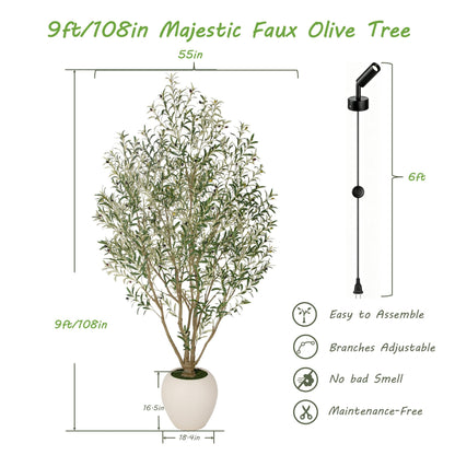 Nafresh 9FT Large Faux Olive Tree with 18.4''Wx16.5''H White Planter & White Spotlight, Olive Trees Artificial Indoor with Multi Branches, Fake Olive Tree for Indoor Outdoor Home Office Decor