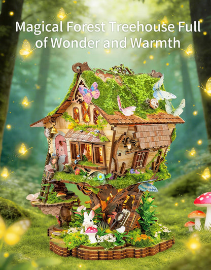 BELEEV DIY Miniature House Kit with LED Light, Fantasy Tree House Book Nook Kit for Adults, 3D Wooden Puzzle Model Building Kit, Dollhouse Bookshelf Decor, Creative Crafts Gift for Teens Adults