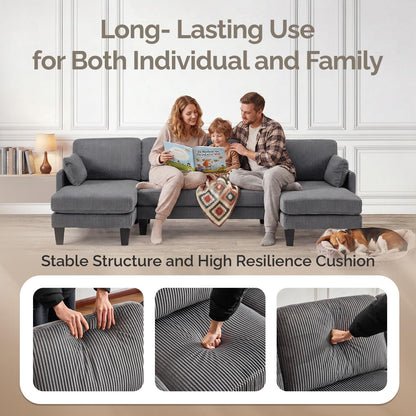 VINGLI 108" W U-Shaped Sectional Couches for Living Room, Sturdy Wooden Armrest Corduroy Cloud Couch with Double Chaise, High Support Modern 4-Seat Sectional Sofa for Apartment, Offices, Dark Grey