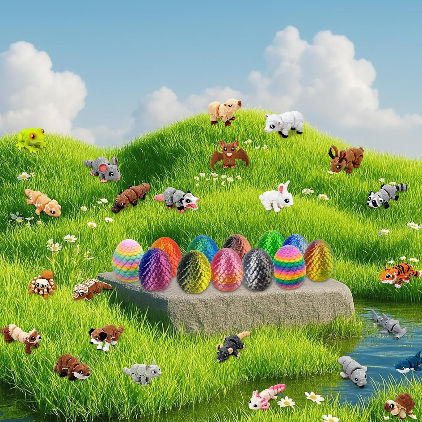 24 3D 1.5-2 Inch Pcs Mini Printed Animals in Sparkle Eggs - Articulated Animal Figurines with Multicolor Gradient