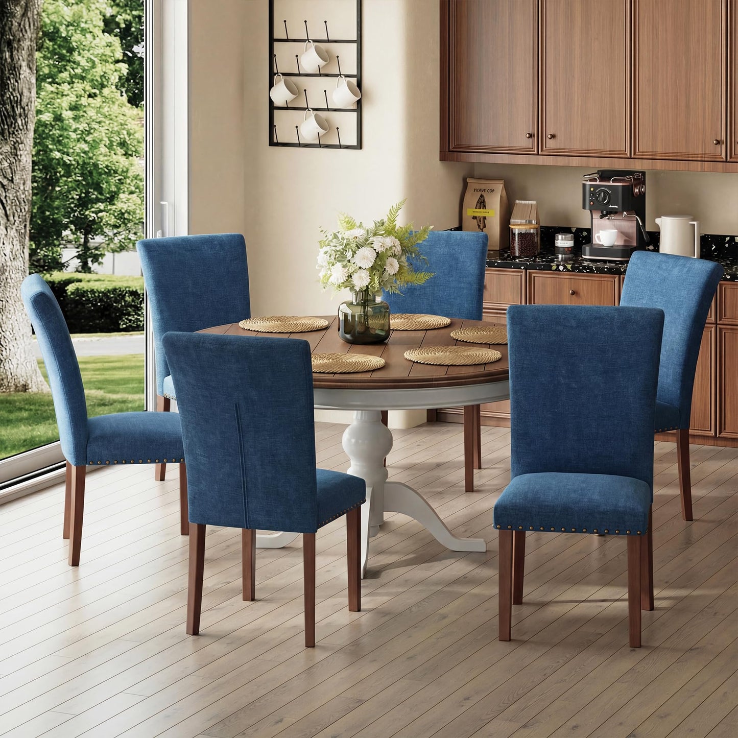 MALOL High Back Dining Chairs Set of 6, Upholstered Dining Room Chair with Wood Legs and Nailhead Trim, Modern Padded Kitchen Chairs for Dining Room/Restaurant, Dark Blue