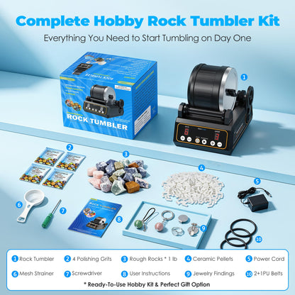 K1 Rock Tumbler Kit – Reliable Rotary Rock Polisher for Adults, Beginners & Hobbyists, 2.5LB Quiet Rubber Barrel with 3 Speeds, 9-Day Timer & Memory Function, Full Accessories Included, Ideal Gift