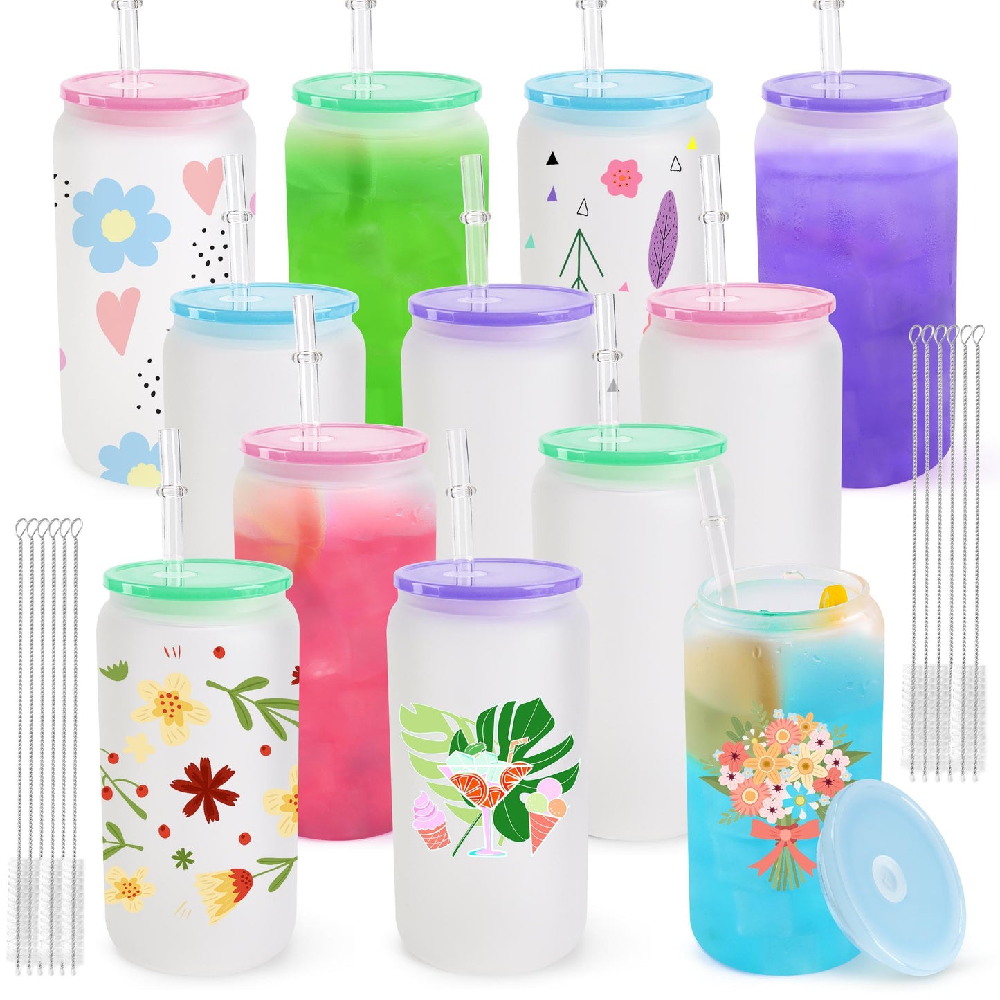 Joyclub 12 Pack Sublimation Blanks Bulk Frosted Glass Cups with Acrylic Lids16 OZ Borosilicate Can Glass Tumblers Wholesale for Beer Juice Soda Iced Coffee DIY Gifts