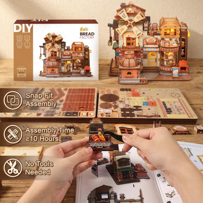 Fsolis 3D Wooden Puzzles for Adults - Mechanical Bread Factory Building with Music & Smoke Effect & Light Up Miniature Craft Kit with 7 Ambient Lighting, 572pcs, Gifts for Women Teens
