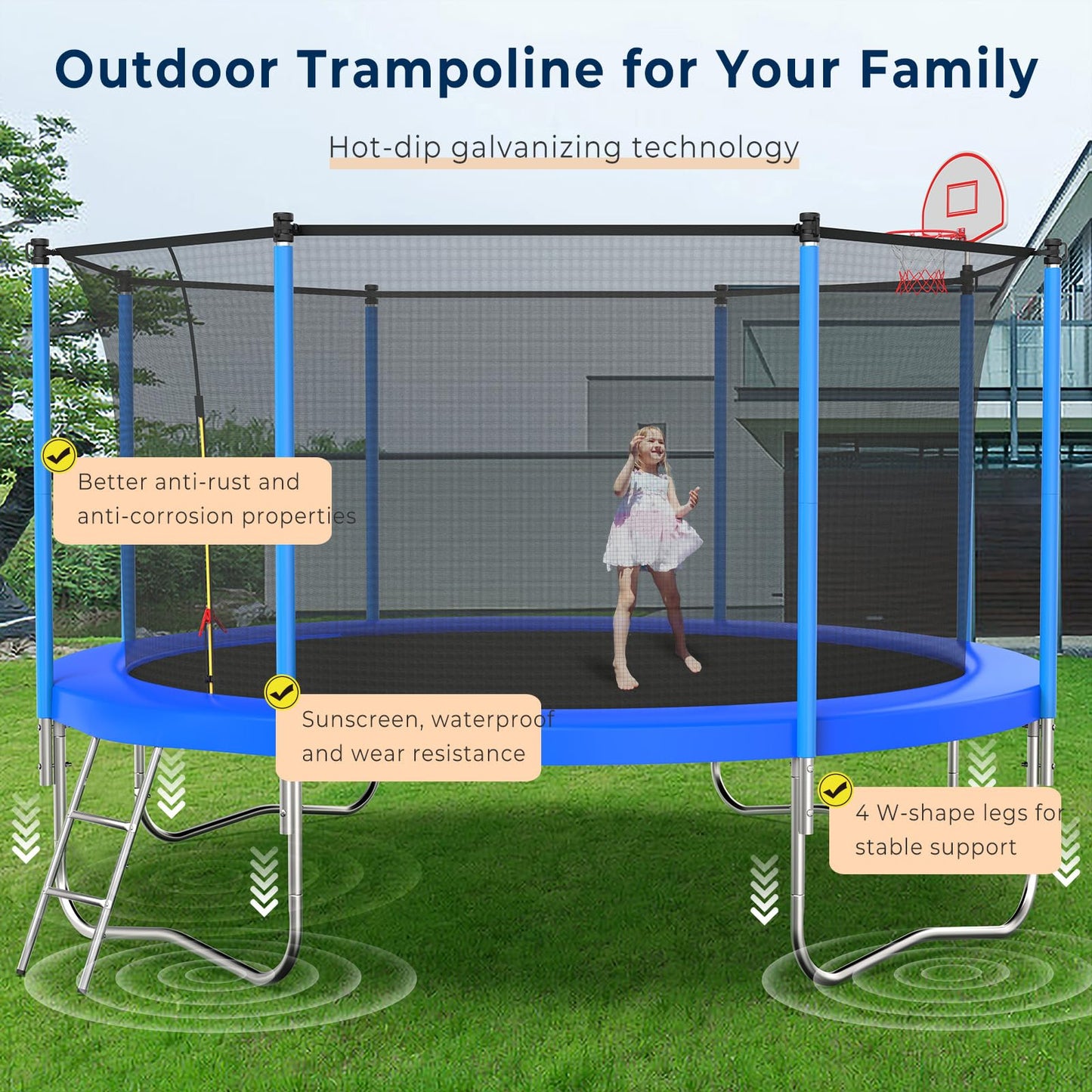 Tatub 12FT Trampoline for Kids and Adults, Outdoor Recreational Trampolines with Basketball Hoop & Enclosure Net, Blue