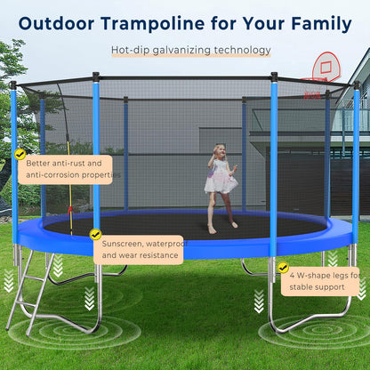 Tatub 12FT Trampoline for Kids and Adults, Outdoor Recreational Trampolines with Basketball Hoop & Enclosure Net, Blue
