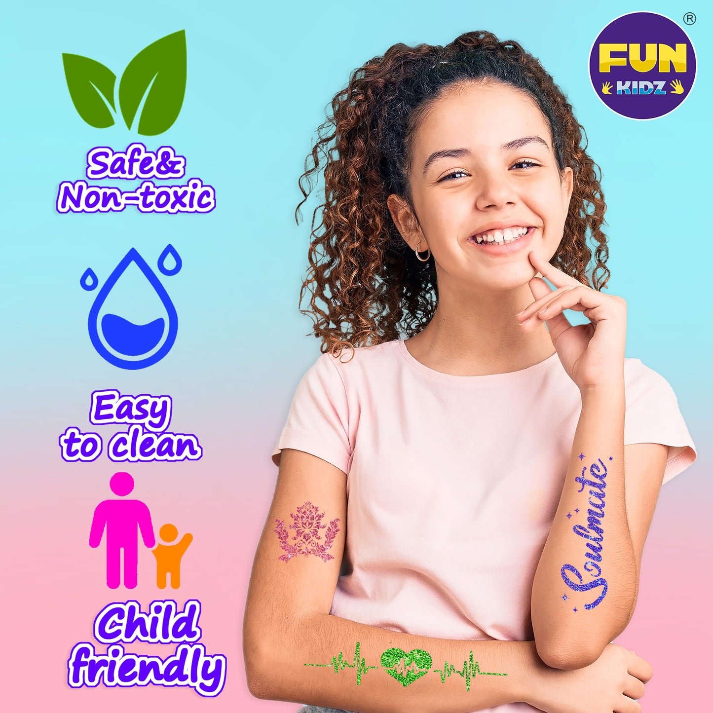Tattoo Kit for Kids Ages 8-12, FunKidz 6 Double Tips Sparkle Brush Body Art Markers for Skin Plus Temporary Glitter Tattoo Kits With 106 Cute Tattoo Stencils Tattoo Glues Cool Presents for Tween Girls
