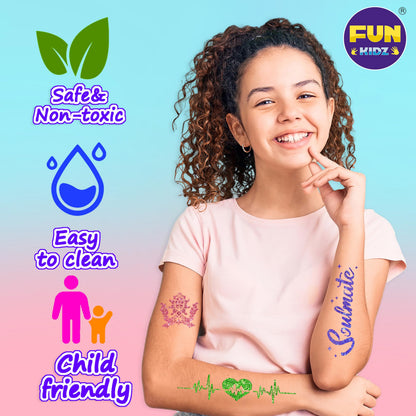 Tattoo Kit for Kids Ages 8-12, FunKidz 6 Double Tips Sparkle Brush Body Art Markers for Skin Plus Temporary Glitter Tattoo Kits With 106 Cute Tattoo Stencils Tattoo Glues Cool Presents for Tween Girls