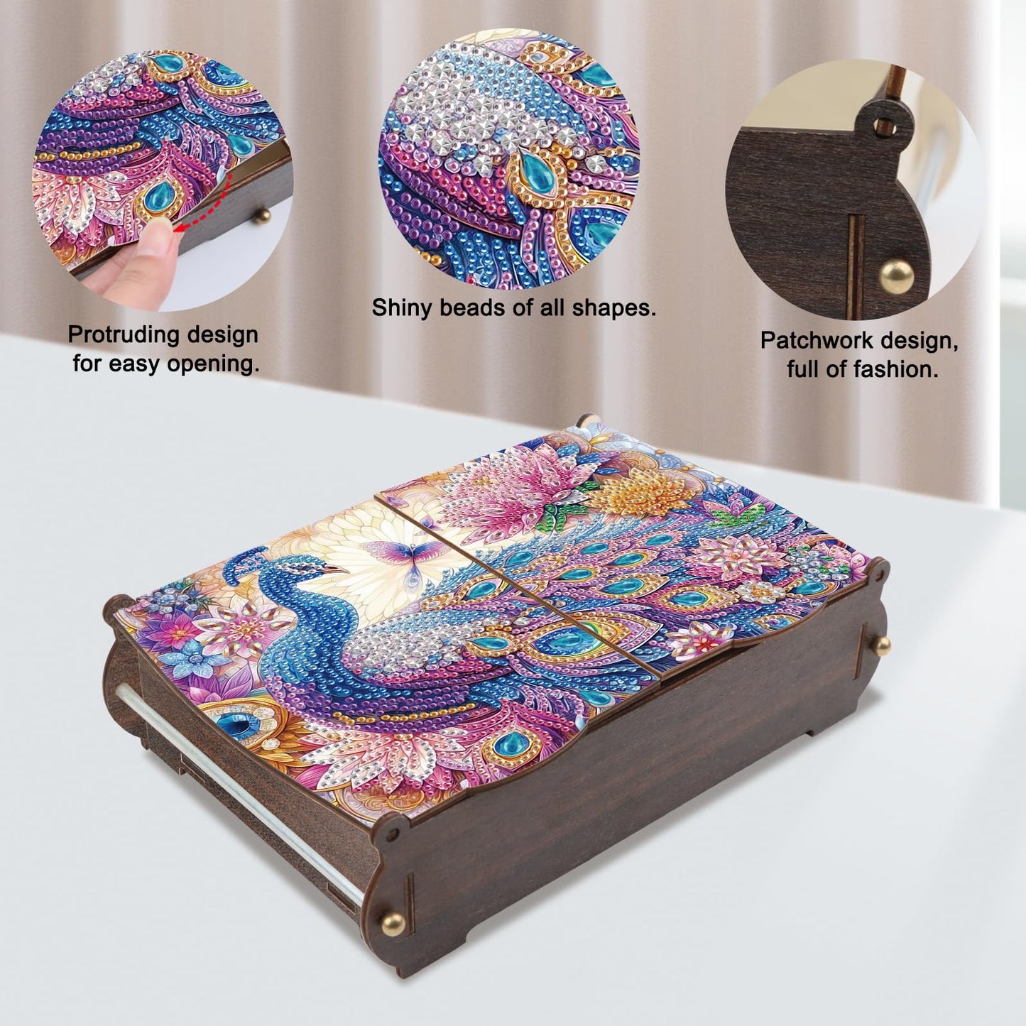 JZHYOAN Diamond Painting Wooden Storage Box Diamond Painting Handmade Art Desktop Decoration Kits, DIY Special Shaped Diamond Art Decorative Organizer with Peacock Pattern for Adult