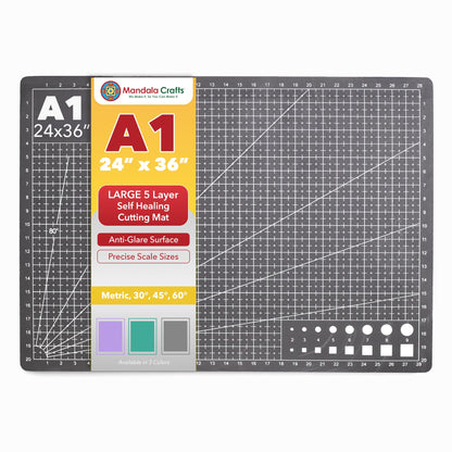 Mandala Crafts Self-Healing Cutting Mat, Black Gray 24" x 36" – A1 Large Double-Sided 5-Ply Rotary Cutting Board for Sewing, Quilting, Fabric, Leather, Craft, and Scrapbooking