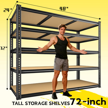 48" W Garage Shelving Heavy Duty 3080LBS Garage Storage Shelving, 5 Tier Adjustable Metal Shelving Unit Utility Rack Shelf for Warehouse, Pantry, Closet, Kitchen 72" H x 48" W x 24" D, Black,2PCS