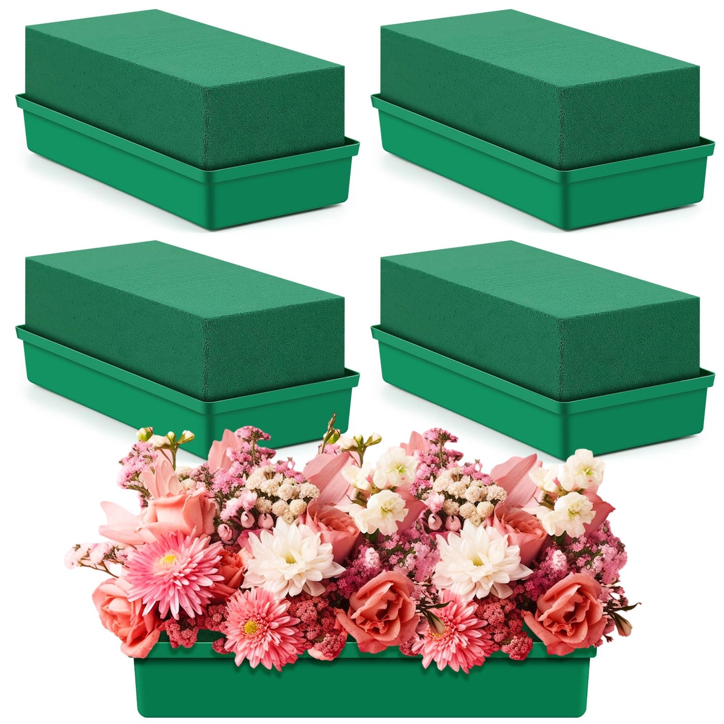 Teenyyou 4 Pack Large Size Floral Foam with Bowl 9.65" l x 4.65" W x 3" H Rectangle Wet Floral Foam Cage Blocks Flower Arrangements Supplies for Table Party Festival Flower Decor