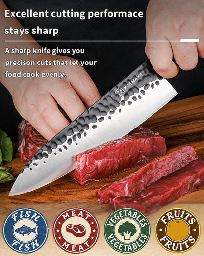 KEEMAKE 8 Inch Chef Knife, Japanese Hand Forged High Carbon Steel Kitchen Knives with Ergonomic Rosewood Handle, Ultra Sharp Durable Professional Gyuto Knife for Meat & Veggie Slicing